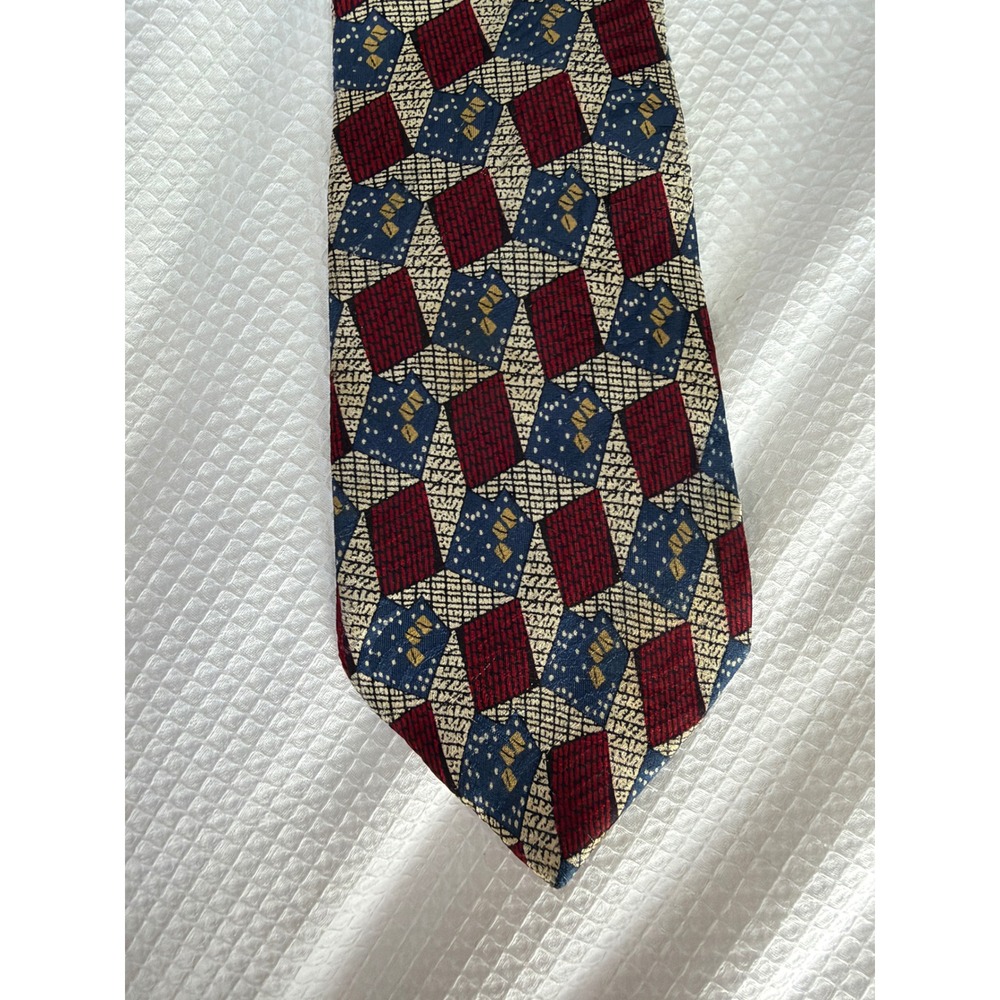 Hastings Traditions Mens Geometric Patchwork Silk Tie Burgundy Navy Blue Cream